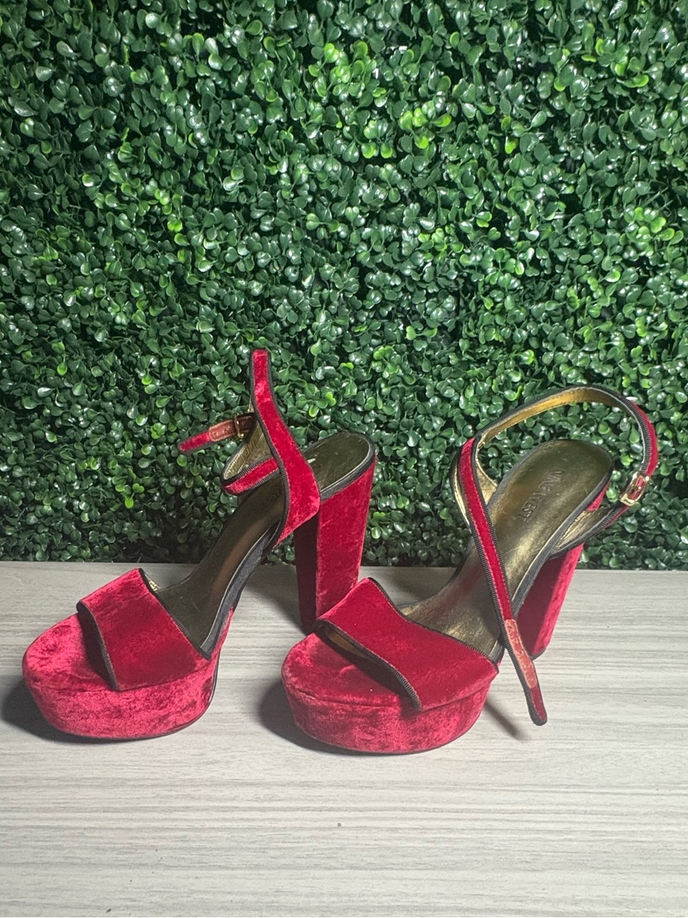 Nine West Red Velvet Block Heel Sandals Ankle Strap Heels